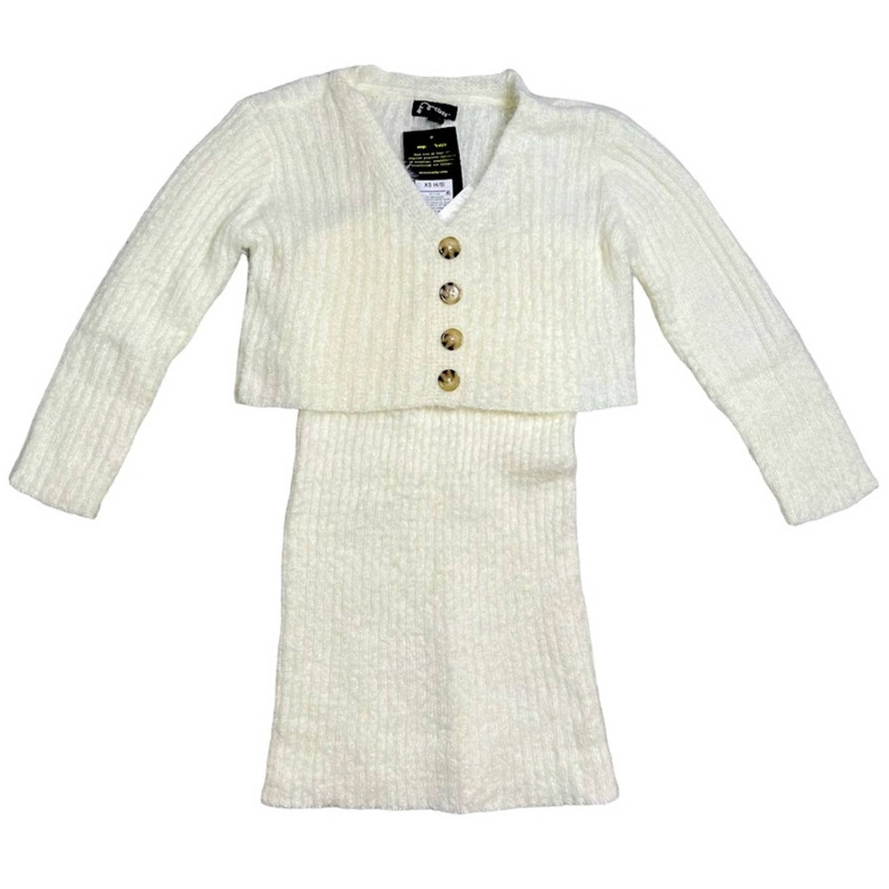 Art Class Girls Off White Sweater Dress With Matching Button Down Cardigan NWT